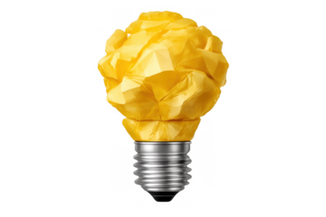 Yellow crumpled paper forming a light bulb shape, representing a creative idea, innovation, and problem-solving concept