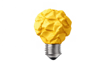 Yellow crumpled paper lightbulb symbolizing new ideas, creativity, innovation, inspiration, and solution finding on transparent background