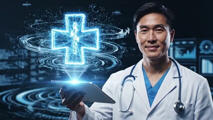 Futuristic doctor using augmented reality for remote diagnosis and patient care in modern hospital setting for telehealth technology innovation - Powered by Adobe
