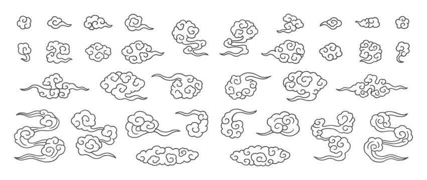 和風の雲の線画イラストベクターセット｜Japanese Cloud Line Art Set