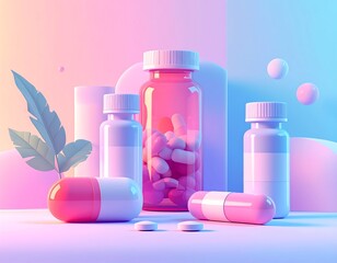 A pastel-hued composition features translucent pill bottles, tablets, and a leaf, all bathed in soft pink and blue light