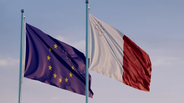 European Union and Malta: Cinematic Waving Flags Against Blue Sky