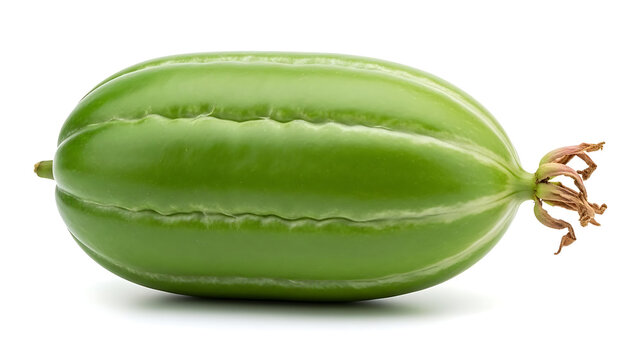 ​A single oblong green bilimbi fruit with ribbed texture and dried flower tip isolated on a white background.