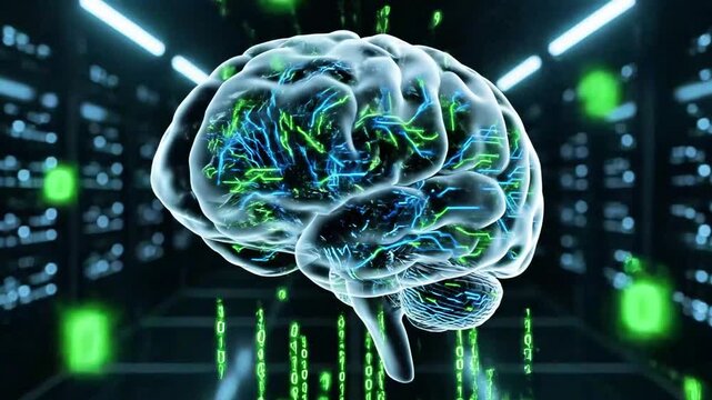 A glowing green brain-like structure with bright green and blue lines and dots radiating from it, set against a background of green pixels