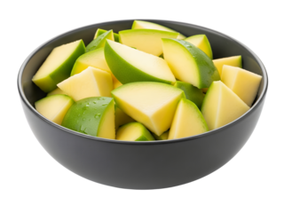 An avocado slices on a black bowl, white background isolated