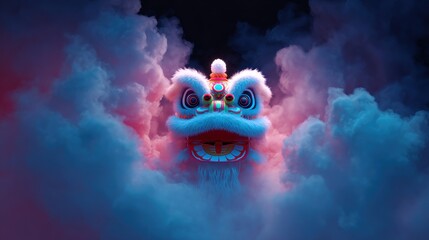 Chinese lion dance head with smoke