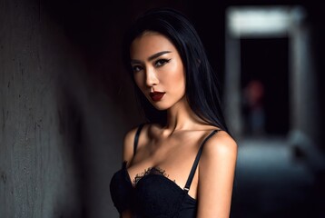 Fototapeta premium Elegant woman poses confidently, exuding an air of sophistication and mystery. The play of light and shadow accentuates her features. Beautiful woman, model.