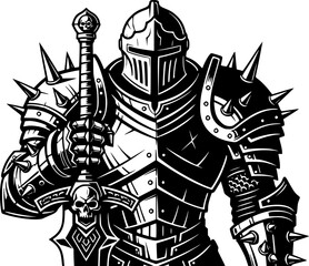 Intricate Black and White Illustration of a Spiked Armored Knight Holding a Sword
