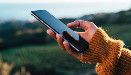 Close-up of a persons hand holding a smartphone outdoors with a scenic landscape in the background.