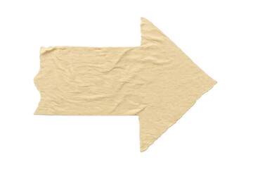 Beige crumpled adhesive paper arrow pointing right, providing direction, indication, and guidance with a transparent background
