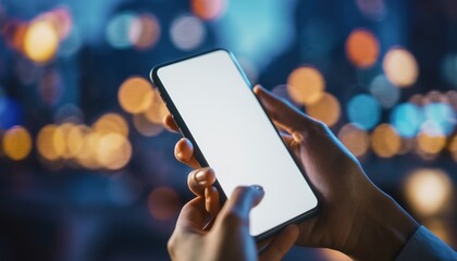 Close-up of hands holding a smartphone with a blank screen against a bokeh background of city lights at night.