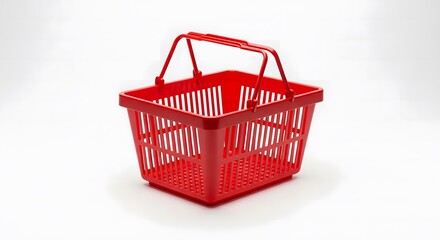 Empty red plastic shopping basket isolated on a pure white background, studio shot for retail and commerce concepts.