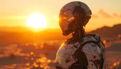 A robotic figure gazes at the setting sun over a barren landscape, bathed in golden light. The cyborg's expression is one of calm