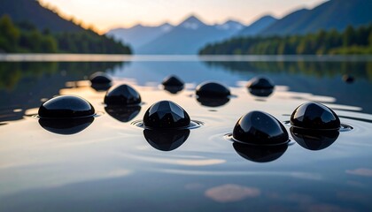 A serene shot of a calm lake with dark, rounded stones floating on the water's surface, reflecting a mountain range