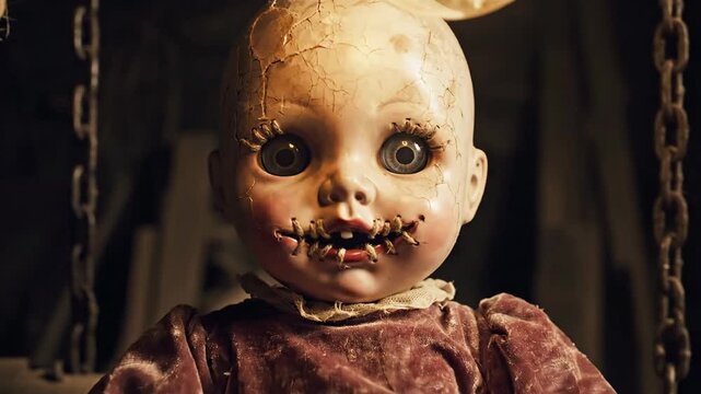The cracked, sinister vintage creepy doll stares intensely from its dark prison in a high contrast, low key close-up shot.
