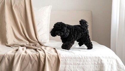 A small, curly-haired, black dog walks on a bed covered with a light-colored, patterned blanket, near a draped fabric