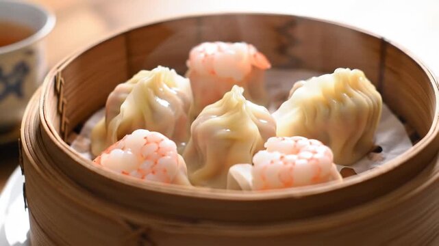 Steaming dim sum in bamboo steamer with tea, a restaurant food shot for culinary menus