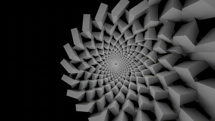 Geometric spiral pattern with cubes on black background
