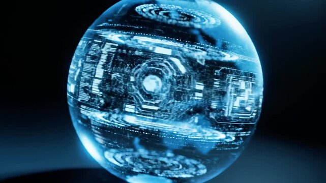 A futuristic cityscape depicted inside a glowing blue crystal ball
