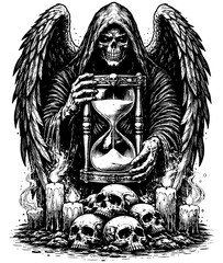 Fototapeta premium Vintage Grim Reaper with Hourglass Engraving Vector, Inverted Black White Xerography on Transparent Background