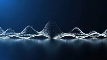 Dynamic abstract digital waveform with glowing particles on a dark blue background, symbolizing data analysis, sound, technology, and AI.