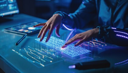 Cybersecurity Expert Working on Advanced Computer System with Futuristic Interface.