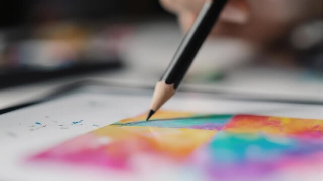 Capturing artistic creation: Close-up view of drawing with pencil and vivid color palette,
