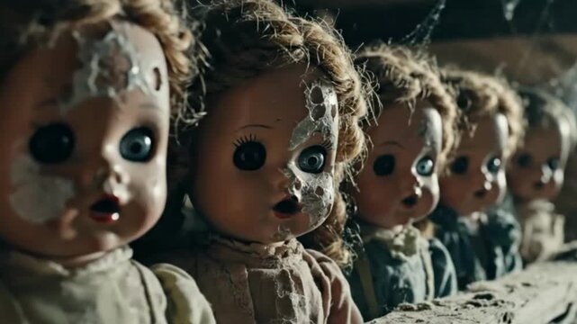 A close-up, cinematic shot captures a row of creepy, wide-eyed vintage dolls with cracked faces, eerily staring from their dusty shelf prison.