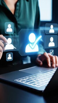 Virtual Interface for User Profile Approval with Blue Checkmark. Modern Business Technology with Stylus, Laptop, and Digital Profiles. Sleek Digital Interaction for Professional Selection