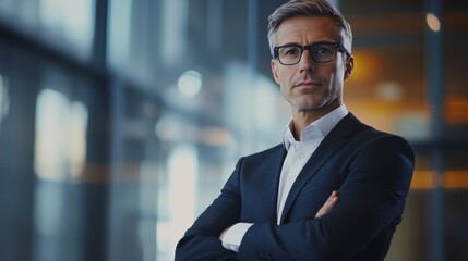Obraz premium A strategic business leader standing in front of a transparent digital screen, on blurred background