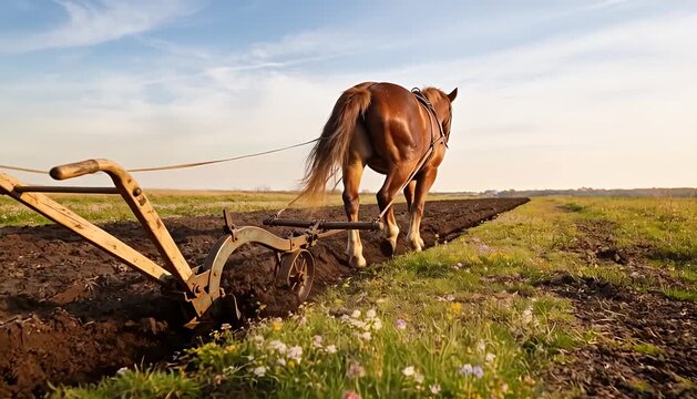 Horse plowing field with old implement preparing soil farm work rustic outdoor agriculture cultivation.