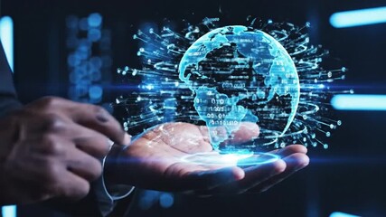 Innovative technology solutions businessman presenting digital globe hologram in hand, showcasing data flow and global reach, modern futuristic feel - Powered by Adobe