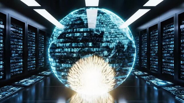 A large, glowing orb with a shattered surface emits light in a dark room with rows of computer servers
