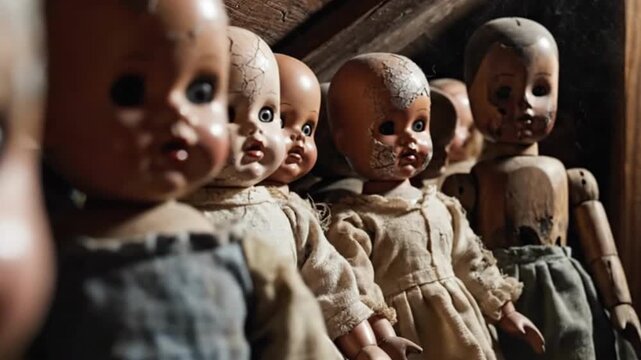 This dark, cinematic close-up features a creepy line of vintage, cracked dolls staring ominously from the shadows of a dusty attic.