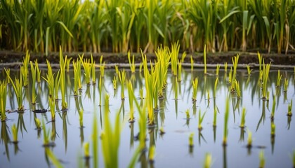 Fototapeta premium Rows of young rice shoots growing in a Balinese paddy field , rice, harvest