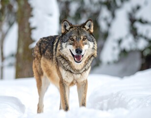 Fototapeta premium A majestic canid, with multi-colored fur, stands in a snowy environment with its mouth open, displaying its teeth, as it looks forward