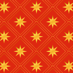 Luxury Chinese New Year seamless pattern with gold stars in geometric grid on red background.Abstract vector graphic wallpaper.