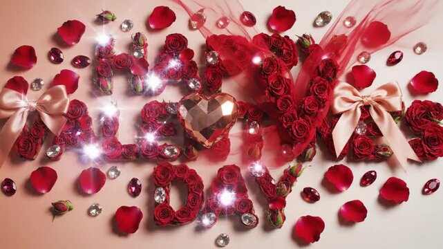 Happy valentines day text made of red roses and diamonds on white background