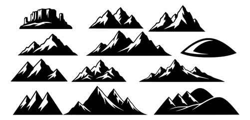 Mountain silhouette. Black outline minimal mountains shape for banner border and scenic backdrop. Isolated vector set, JPEG version.