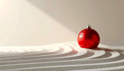 A singular, shiny red spherical ornament sits amidst a minimalist sandy textured ground, with sunlit beams creating shadows