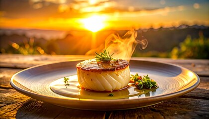 Gourmet dish with herb garnish on a plate at sunset