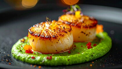 Seared scallops on a green sauce