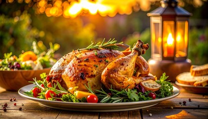Roasted chicken on a plate with vegetables and herbs