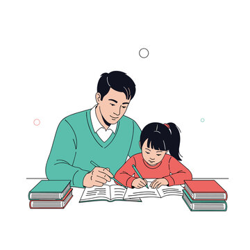 Caring father sits at a desk and helps his young daughter with her school homework and reading books in a supportive home environment.