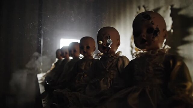 A row of ominous, damaged creepy dolls stare blankly from a dark prison cell corner, dramatically highlighted by low-key lighting.