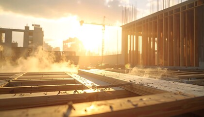 A sunlit construction scene reveals wooden framework of a building in early stages, dust floating in the air. A crane in the distance