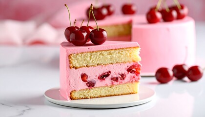 A slice of layered cake, adorned with pink frosting and fresh cherries on top, rests on a plate. The background features more cake