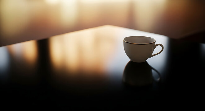 A solitary white ceramic coffee cup with a delicate gold rim sits on a dark reflective surface.