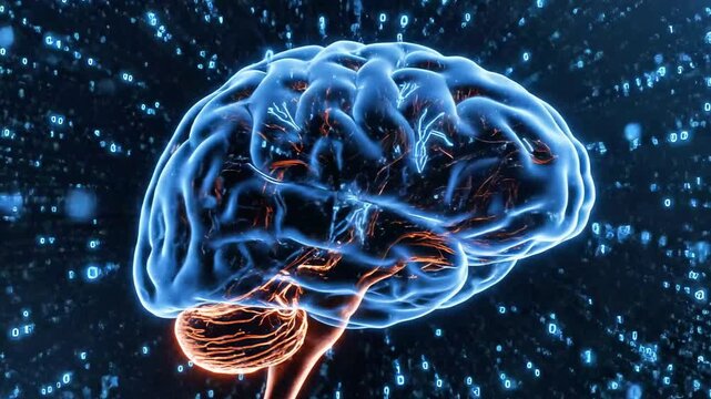 A digital illustration of a brain with glowing blue circuitry and orange accents, surrounded by a burst of light blue pixels and binary code on a dark background