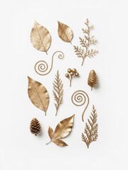 Golden leaves and twigs arrangement, pinecone on white background